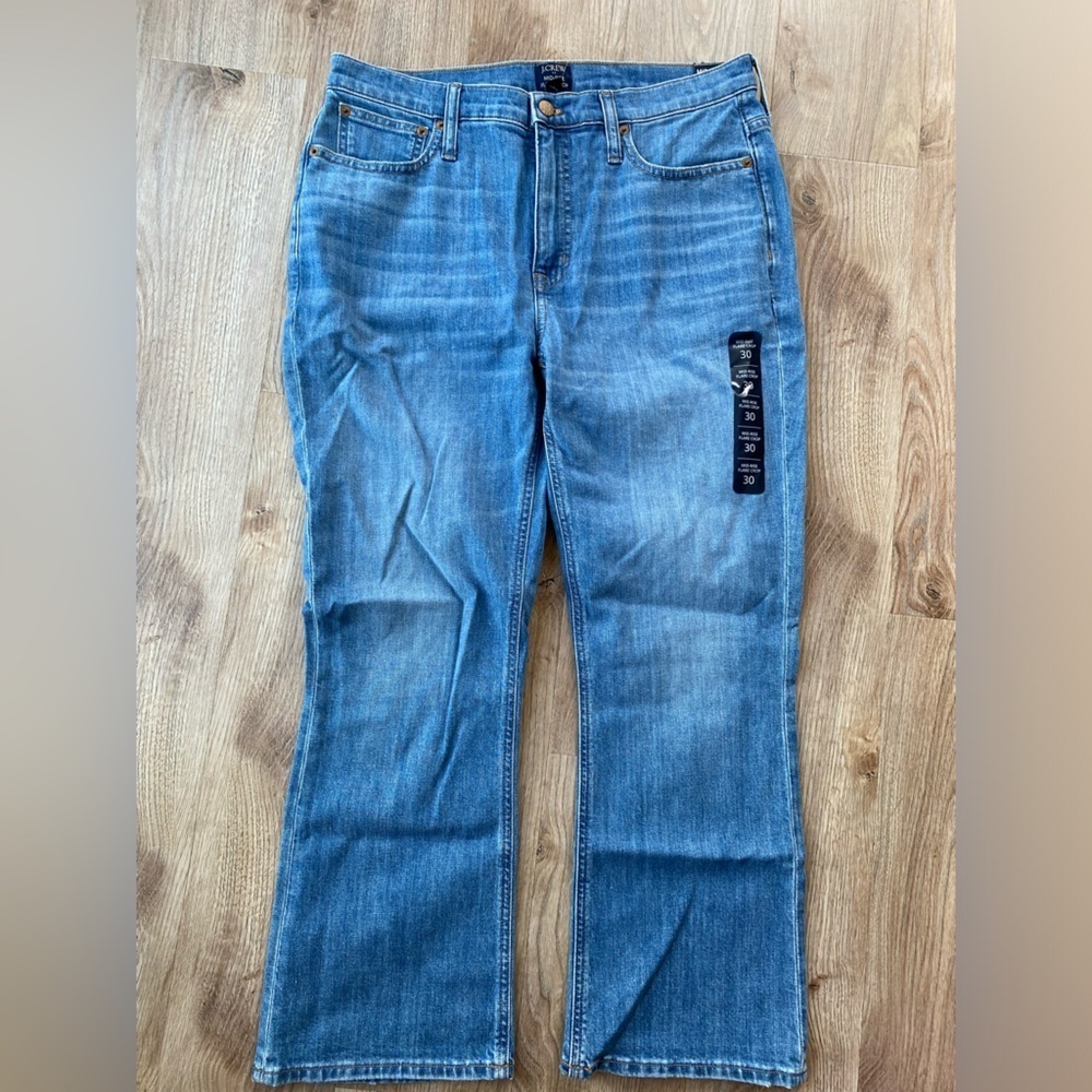 NWT JCrew W30 flare crop mid-rise jean all-day stretch medium wash blue pebble - Picture 3 of 13